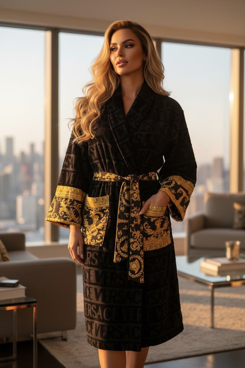 Authentic Versace All-Over Logo Jacquard Robe / Coat – Black & Gold (With Belt) 