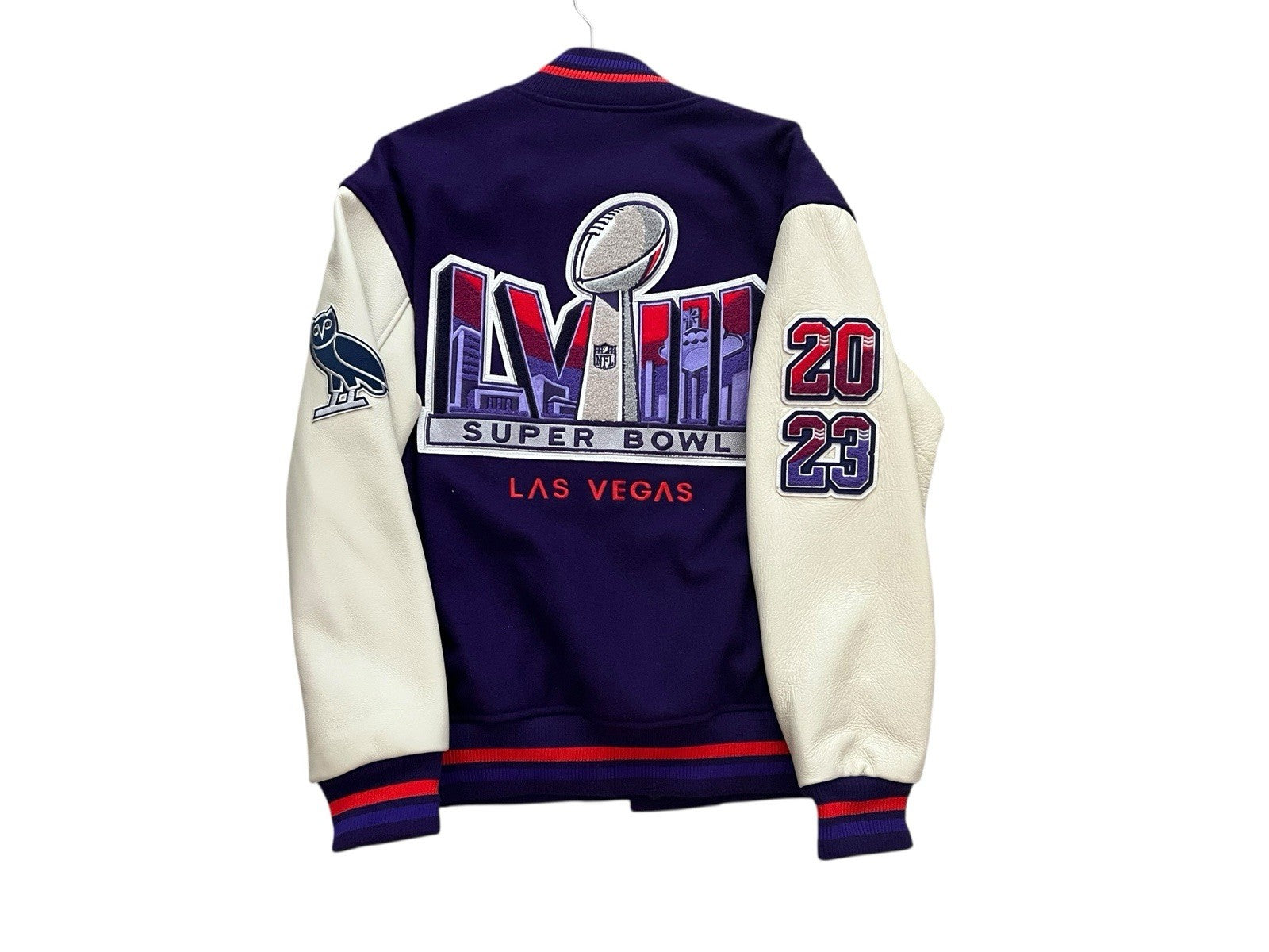 Purple And White Super Bowl LVIII OVO Varsity Jacket