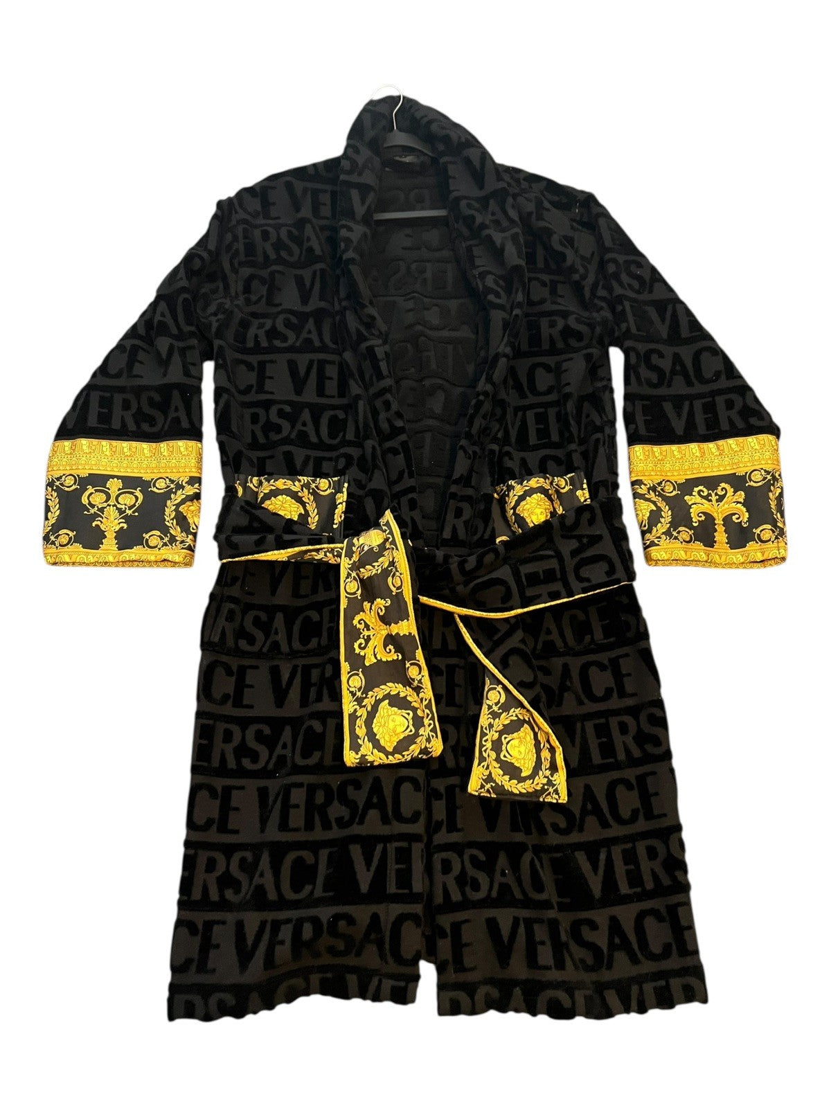 Authentic Versace All-Over Logo Jacquard Robe / Coat – Black & Gold (With Belt) 