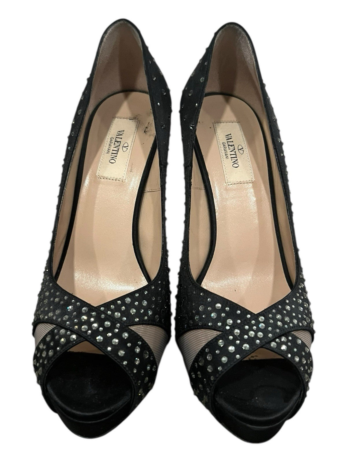 Valentino Black Satin and Mesh Crystal Embellished Platform Pumps Size 39