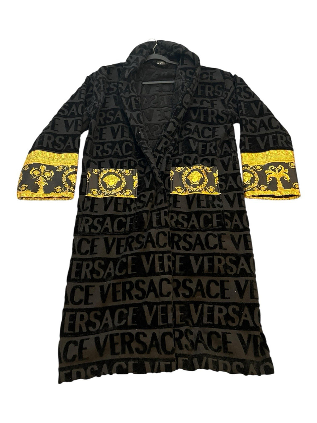 Authentic Versace All-Over Logo Jacquard Robe / Coat – Black & Gold (With Belt) 