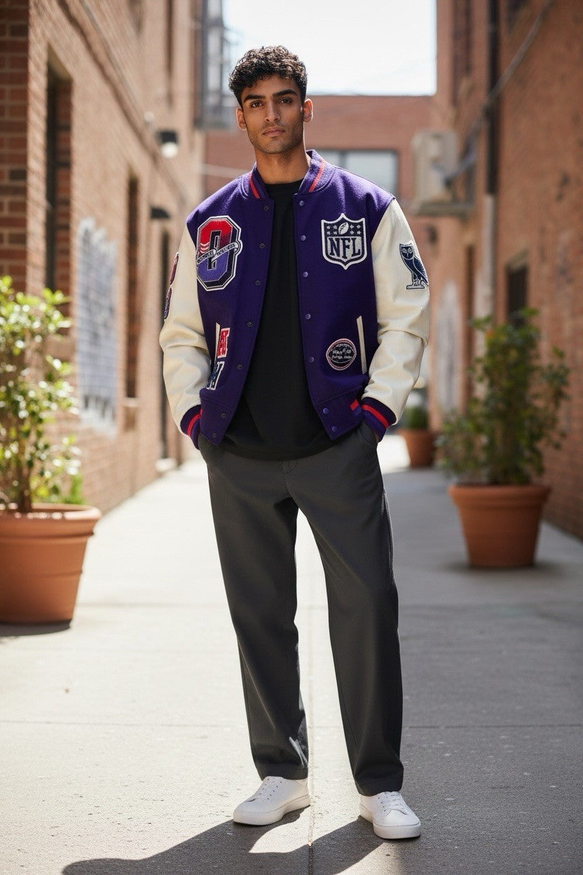 Purple And White Super Bowl LVIII OVO Varsity Jacket