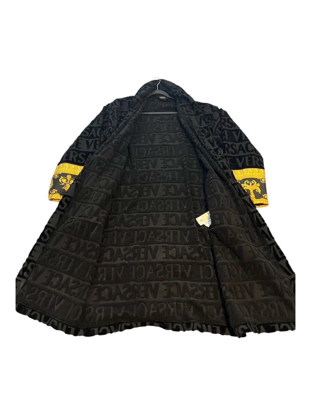 Authentic Versace All-Over Logo Jacquard Robe / Coat – Black & Gold (With Belt) 