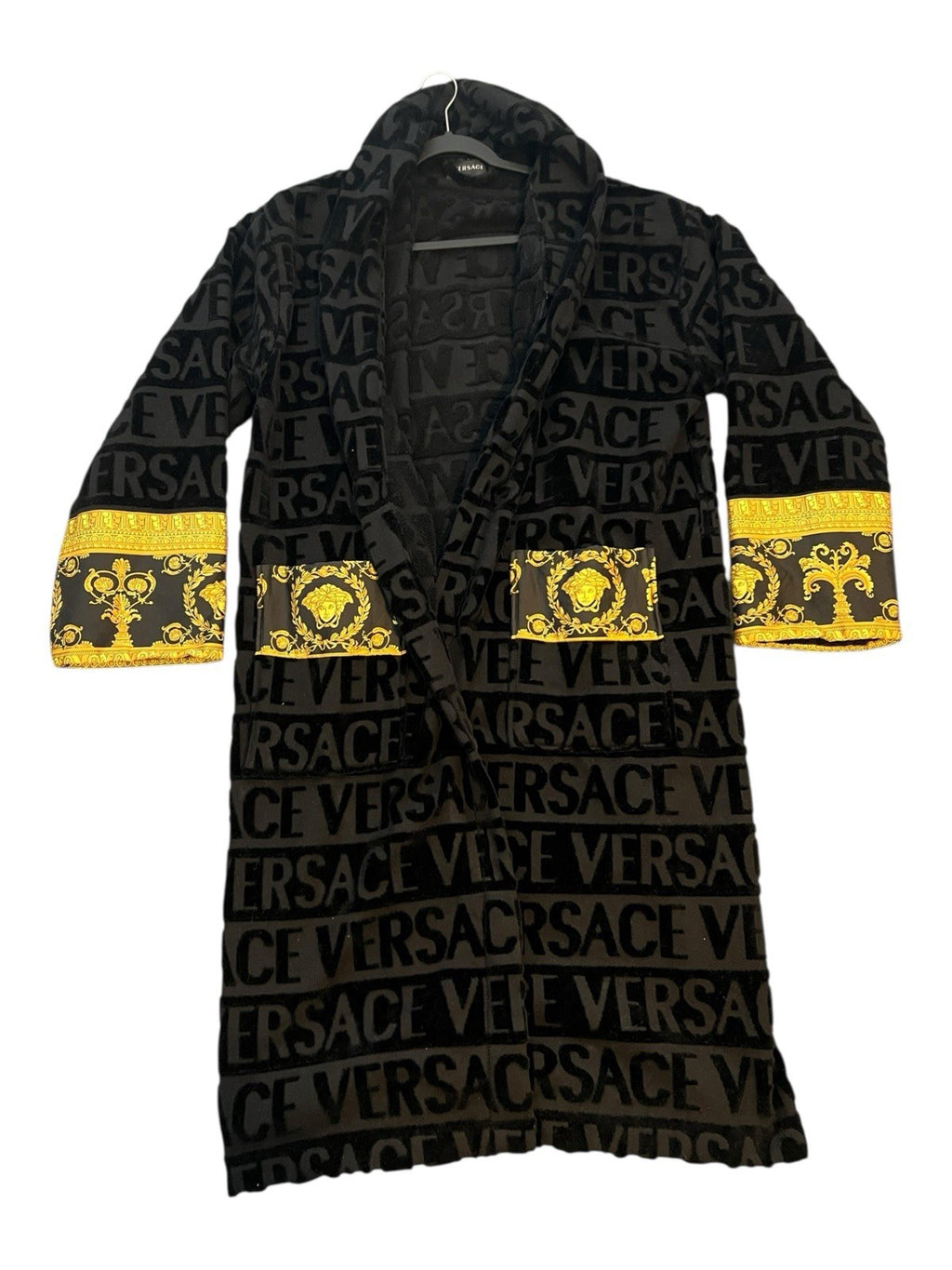 Authentic Versace All-Over Logo Jacquard Robe / Coat – Black & Gold (With Belt) 